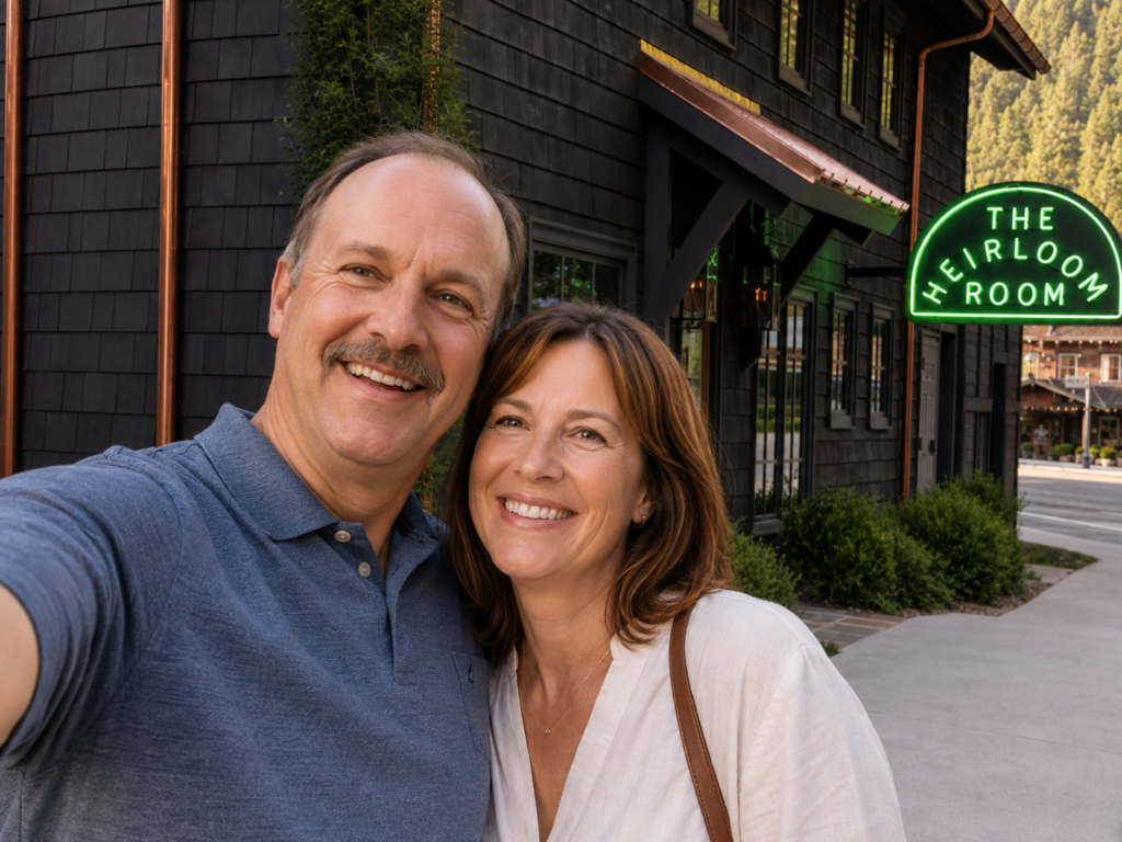 Couple taking a selfie outside The Heirloom Room at Historic Rocky Waters Inn in Gatlinburg