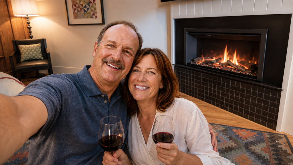 Couple enjoying wine beside an in-room fireplace at Historic Rocky Waters Inn