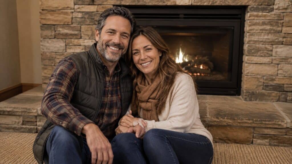 Couple sitting beside the stone gas fireplace in a room at Old Creek Lodge in Gatlinburg