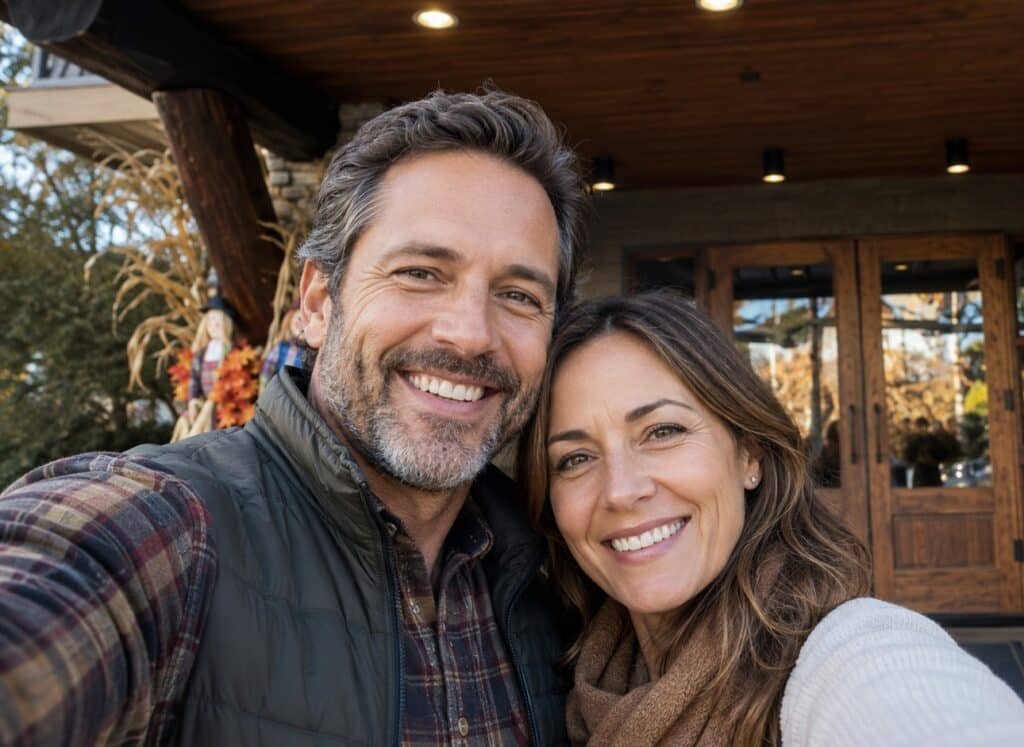 Couple taking a selfie outside the entrance to Old Creek Lodge in Gatlinburg