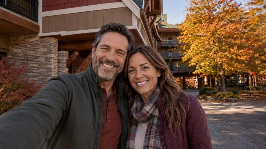 Couple taking a selfie while walking from Old Creek Lodge toward downtown Gatlinburg in fall