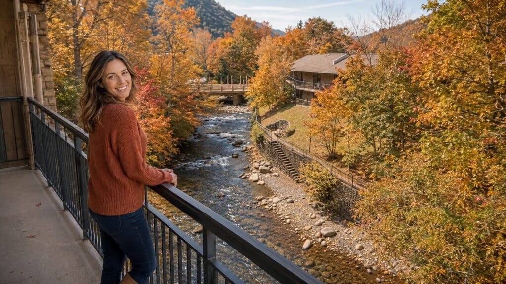 Woman smiling on a private Old Creek Lodge balcony overlooking the creek and fall foliage in Gatlinburg