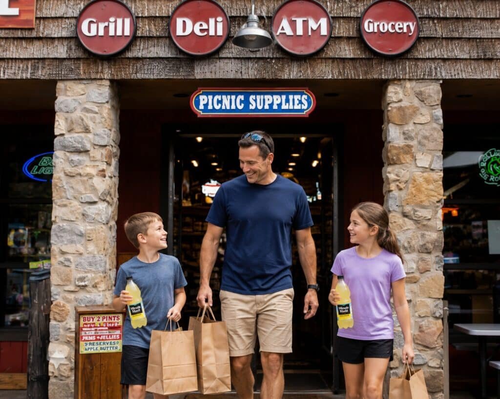 Dad and two children leaving Old Dad’s General Store in Gatlinburg with picnic supplies and drinks