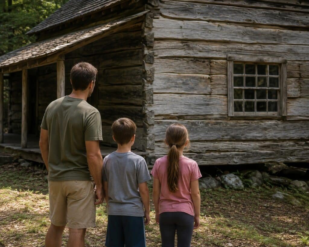 Father and two children looking at a historic log cabin along Roaring Fork Motor Nature Trail in Great Smoky Mountains National Park