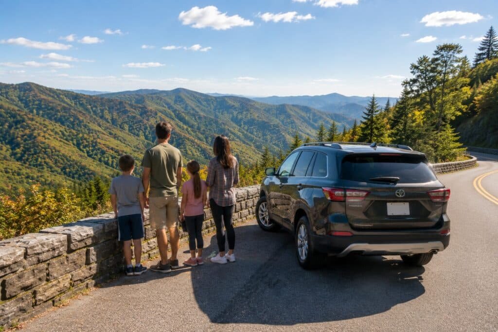 Family beside their SUV looking across the mountains from a scenic overlook in Great Smoky Mountains National Park