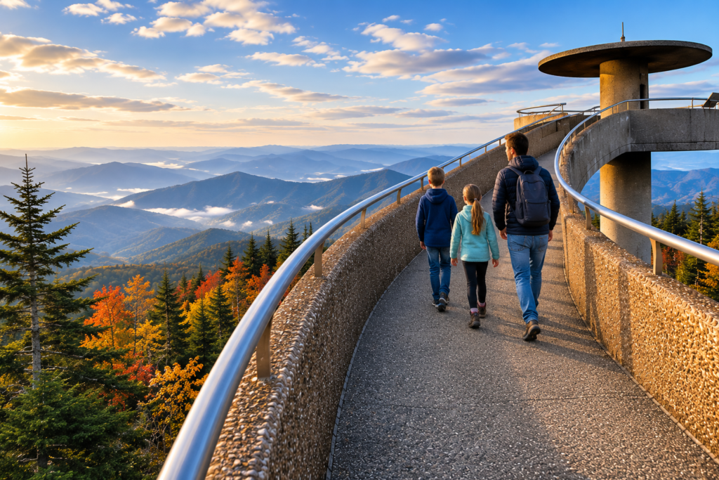 Best Overlooks in the Great Smoky Mountains: 10 Views Worth Pulling Over For 3 Family walking toward the Kuwohi observation tower with fall colors and mountain views in Great Smoky Mountains National Park