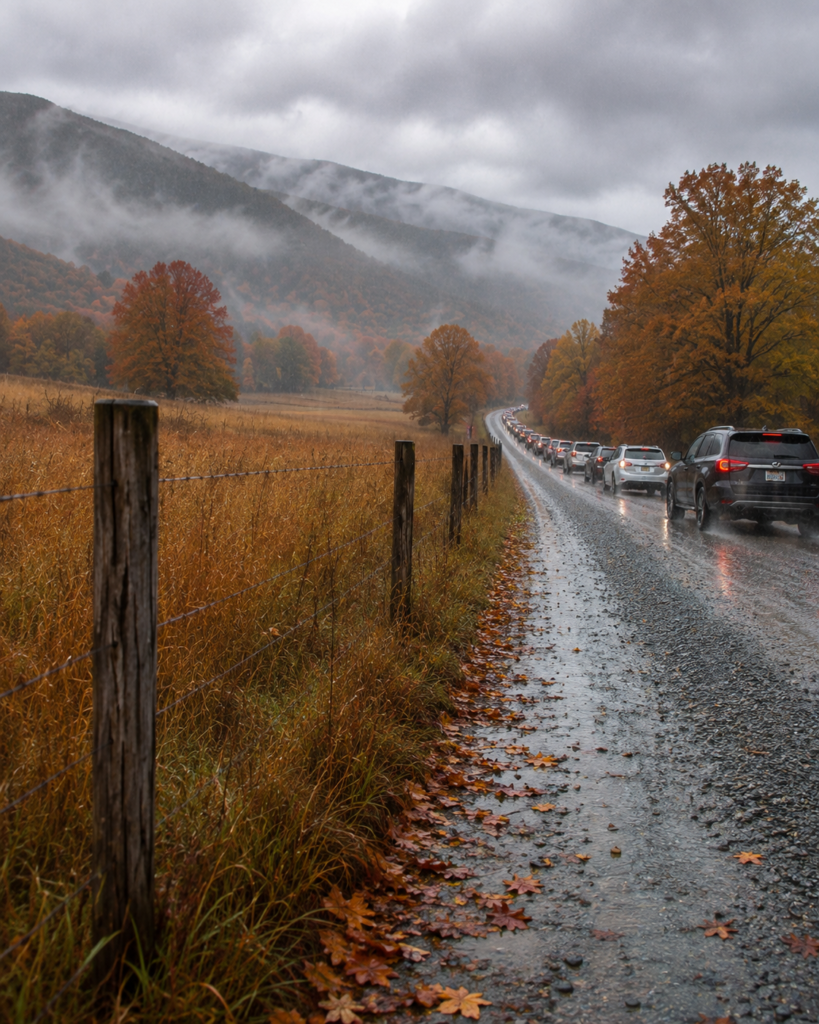 Best Overlooks in the Great Smoky Mountains: 10 Views Worth Pulling Over For 6 Cars traveling through Cades Cove on a rainy fall day with autumn trees and fog-covered Smoky Mountains