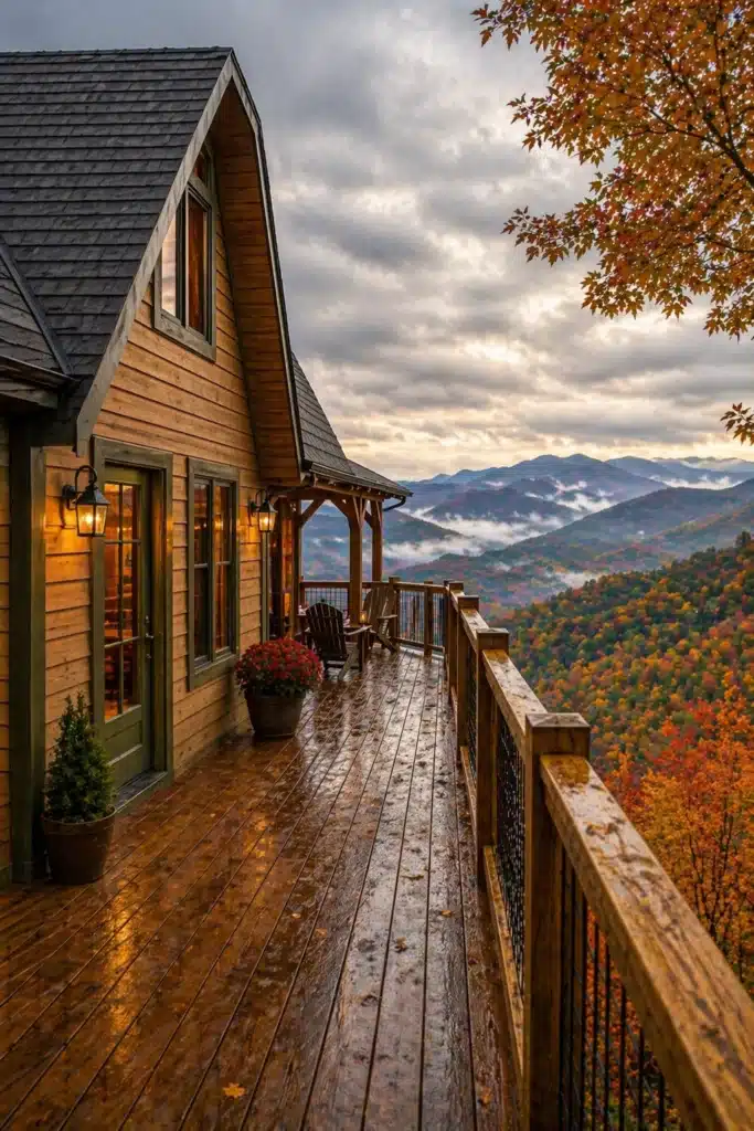 Cabins with Hot Tubs in Gatlinburg: The Best Rentals for a Relaxing Smoky Mountain Stay 3 Wooden Gatlinburg cabin deck overlooking colorful fall foliage and misty Smoky Mountain ridges