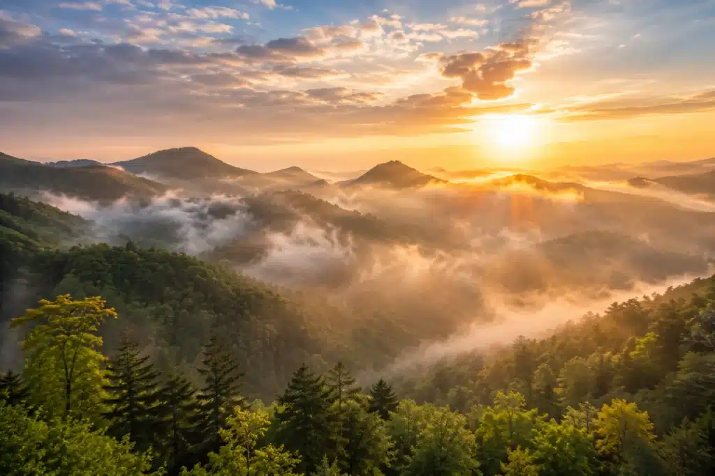Sunrise shining through fog over the forested Great Smoky Mountains near Gatlinburg