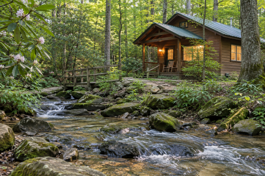 Small Gatlinburg cabin beside a rocky mountain creek in a wooded setting