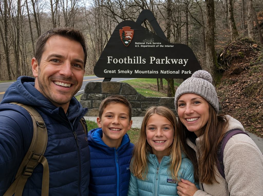 Best Overlooks in the Great Smoky Mountains: 10 Views Worth Pulling Over For 5 Family taking a selfie by the Foothills Parkway sign in Great Smoky Mountains National Park