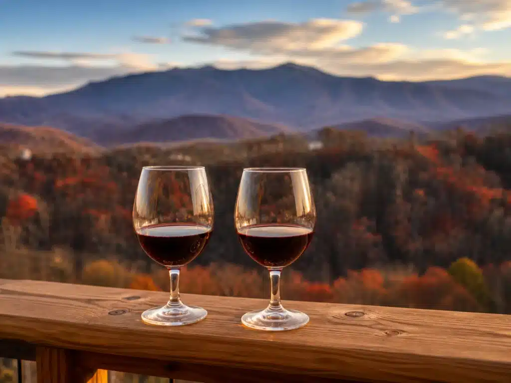 Secluded Cabins in Gatlinburg: Private Mountain Retreats Worth Booking 5 Two glasses of red wine on a cabin deck overlooking the Smoky Mountains in fall