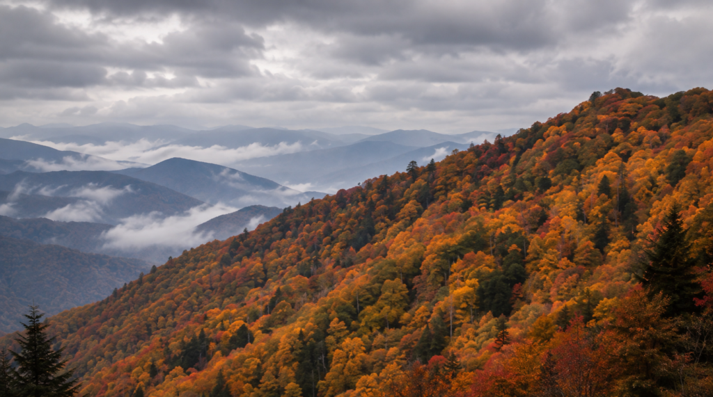 Best Overlooks in the Great Smoky Mountains: 10 Views Worth Pulling Over For 28 Fall foliage covering a Smoky Mountain ridge beneath overcast skies with mist between distant mountain layers