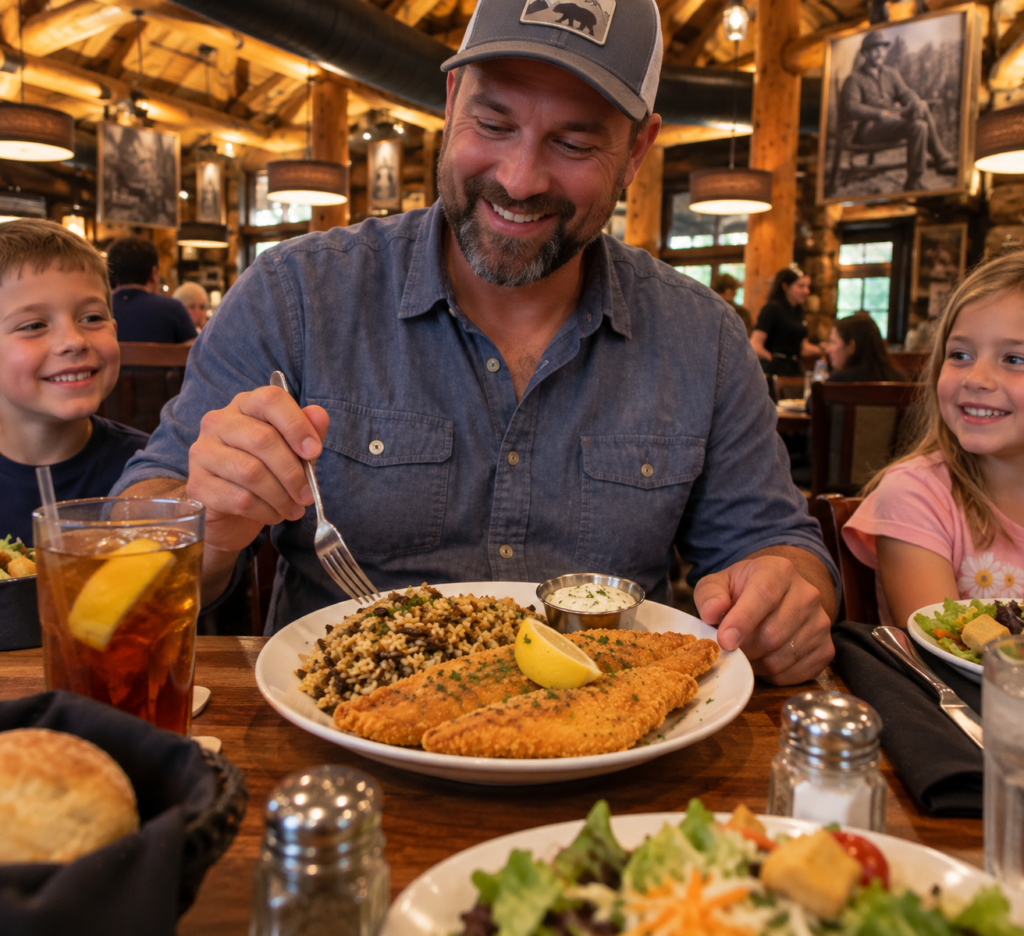 Fried rainbow trout dinner served with rice at The Park Grill in Gatlinburg