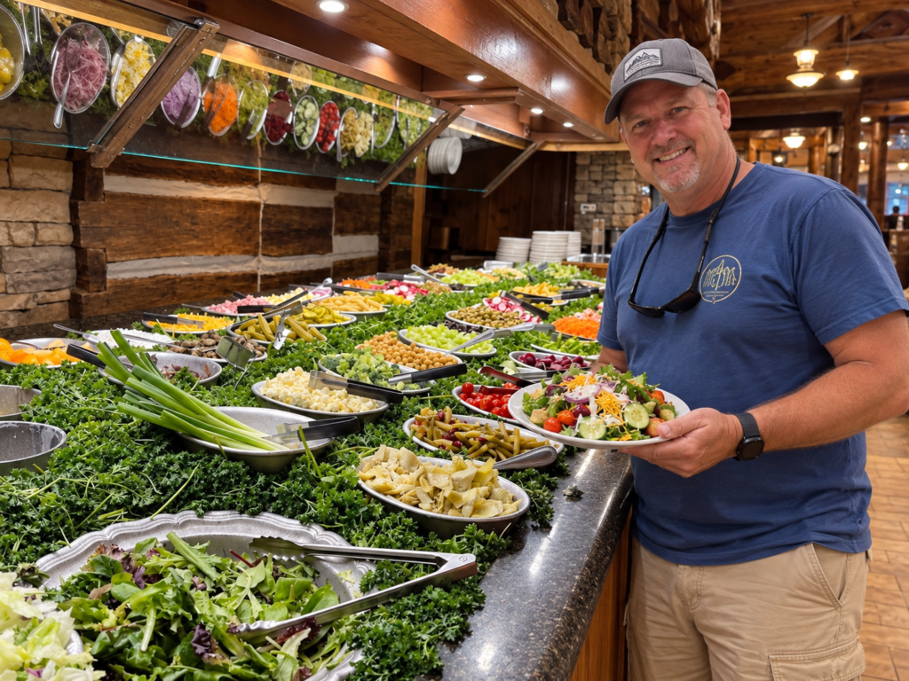 Diner holding a large salad beside The Peddler Steakhouse salad bar