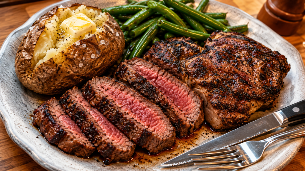 Sliced medium-rare steak with a baked potato and green beans