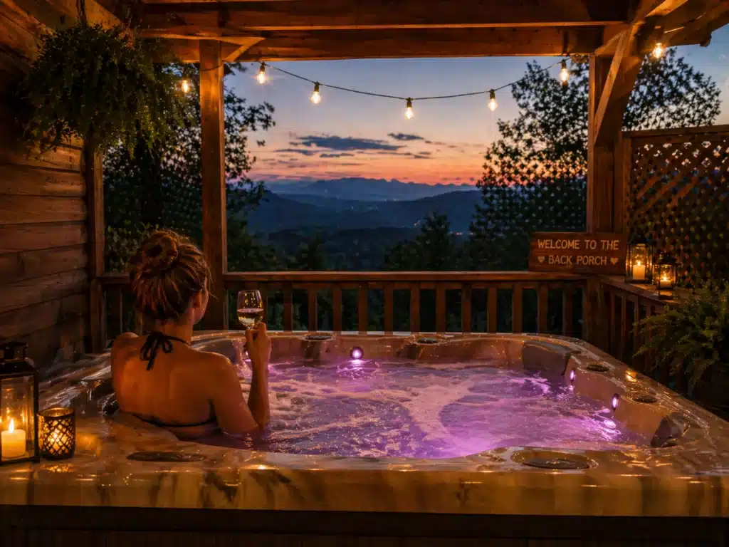 Cabins with Hot Tubs in Gatlinburg: The Best Rentals for a Relaxing Smoky Mountain Stay 6 Woman enjoying a private covered cabin hot tub with Smoky Mountain views at dusk