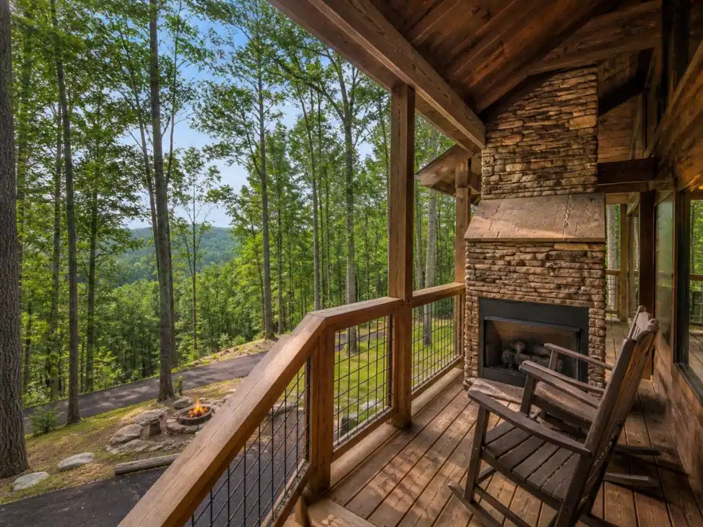 Secluded Cabins in Gatlinburg: Private Mountain Retreats Worth Booking 3 Wooden cabin porch with a rocking chair and stone fireplace overlooking a wooded hillside