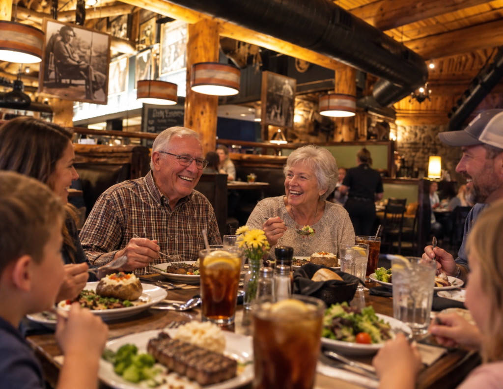 Family sharing dinner inside the rustic mountain-lodge dining room at The Park Grill in Gatlinburg