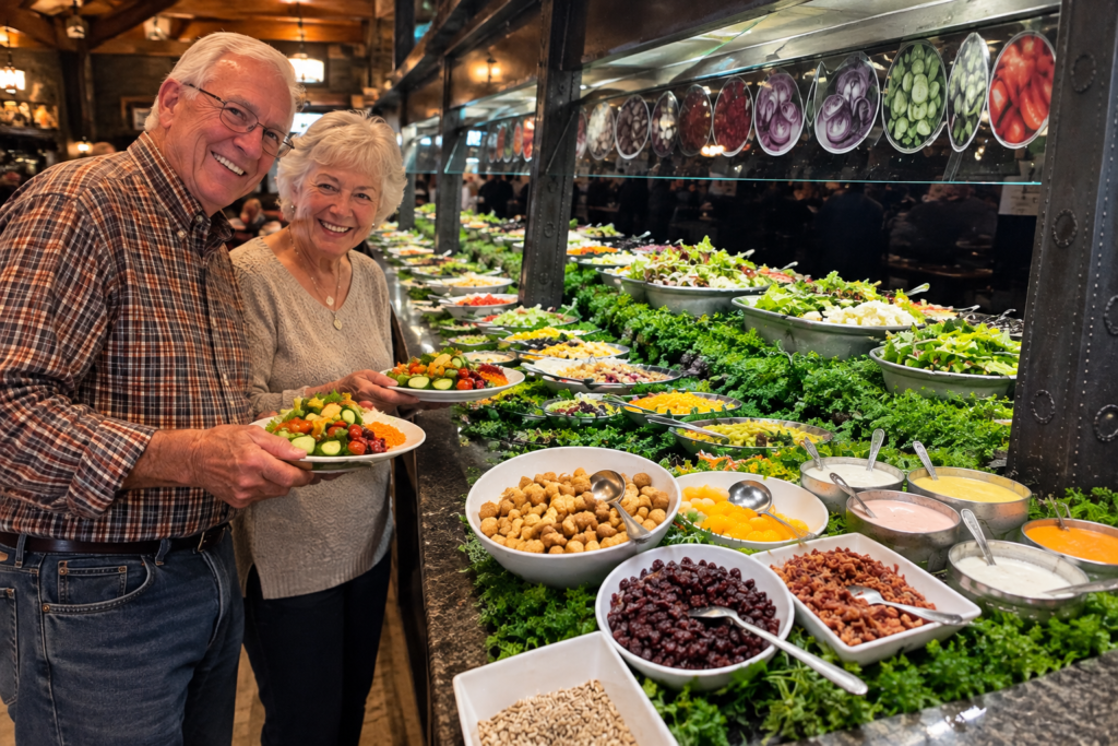 Older couple filling their plates at the salad bar inside The Park Grill in Gatlinburg