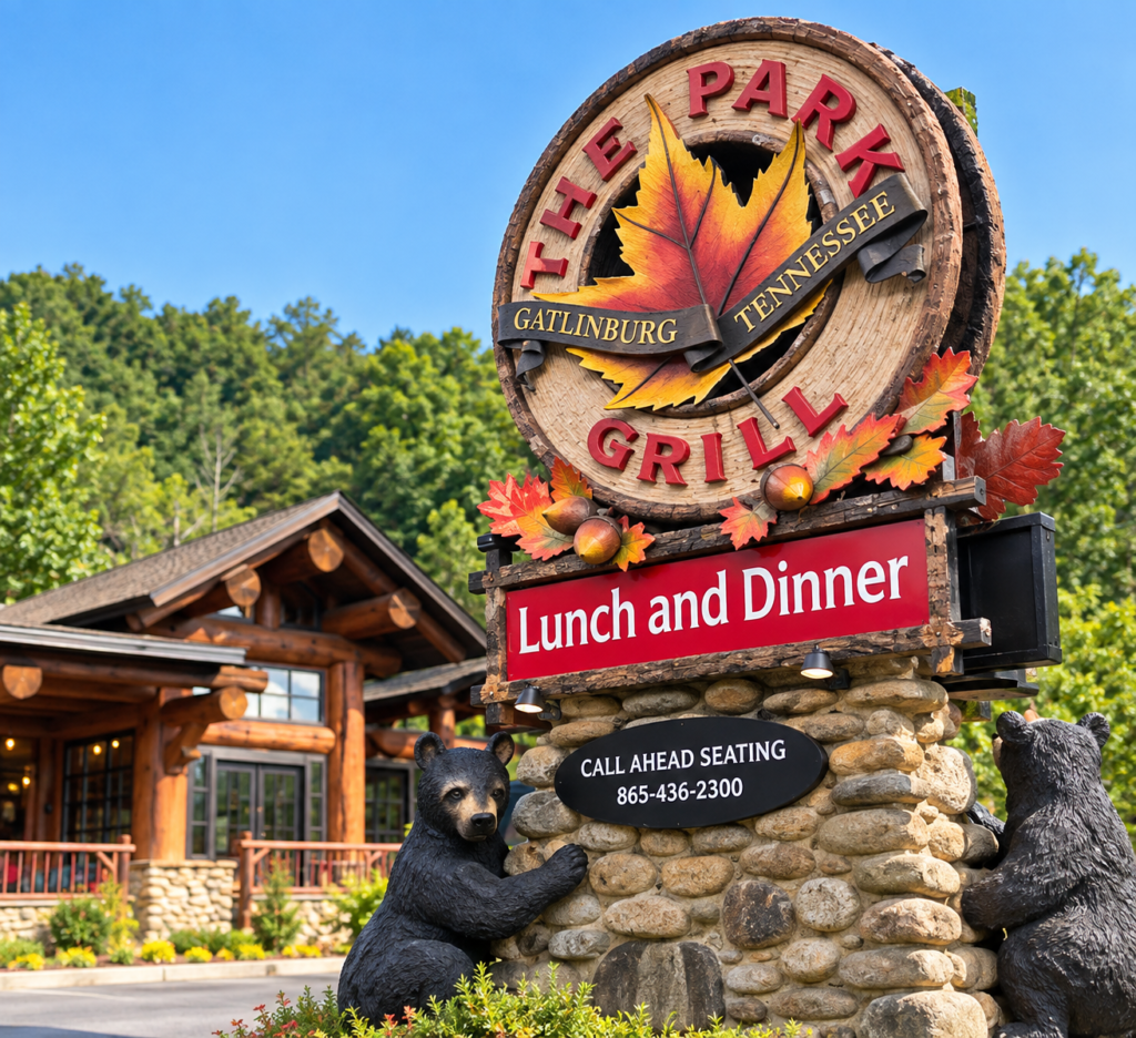 The Park Grill sign and mountain-lodge restaurant along the Parkway in Gatlinburg, Tennessee