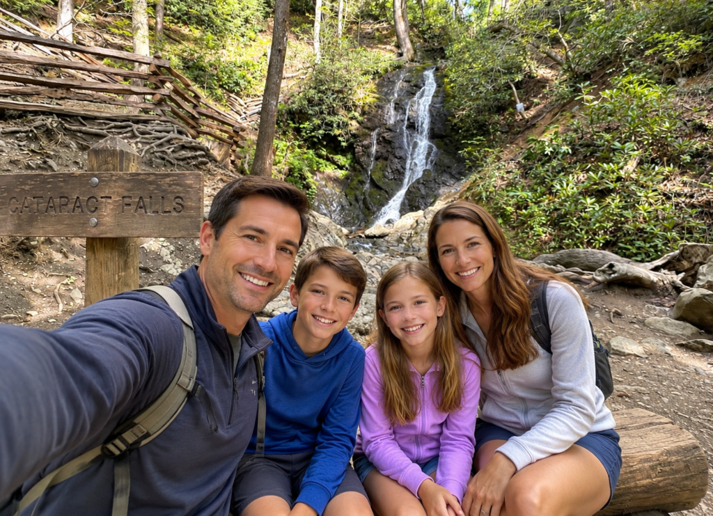 Family of four taking a selfie on a log bench with Cataract Falls waterfall and its wooden sign in the background