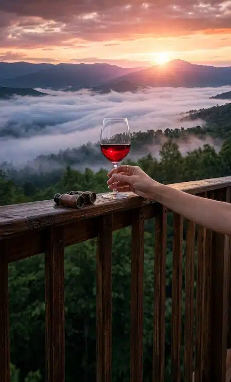 Hand holding a wineglass beside binoculars on a wooden deck overlooking mist-filled mountain valleys