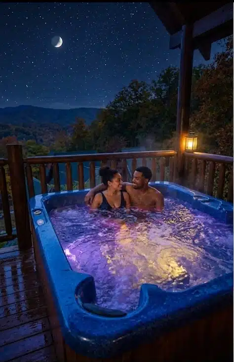 Couple sitting in an illuminated hot tub on a covered wooden deck beneath a starry sky