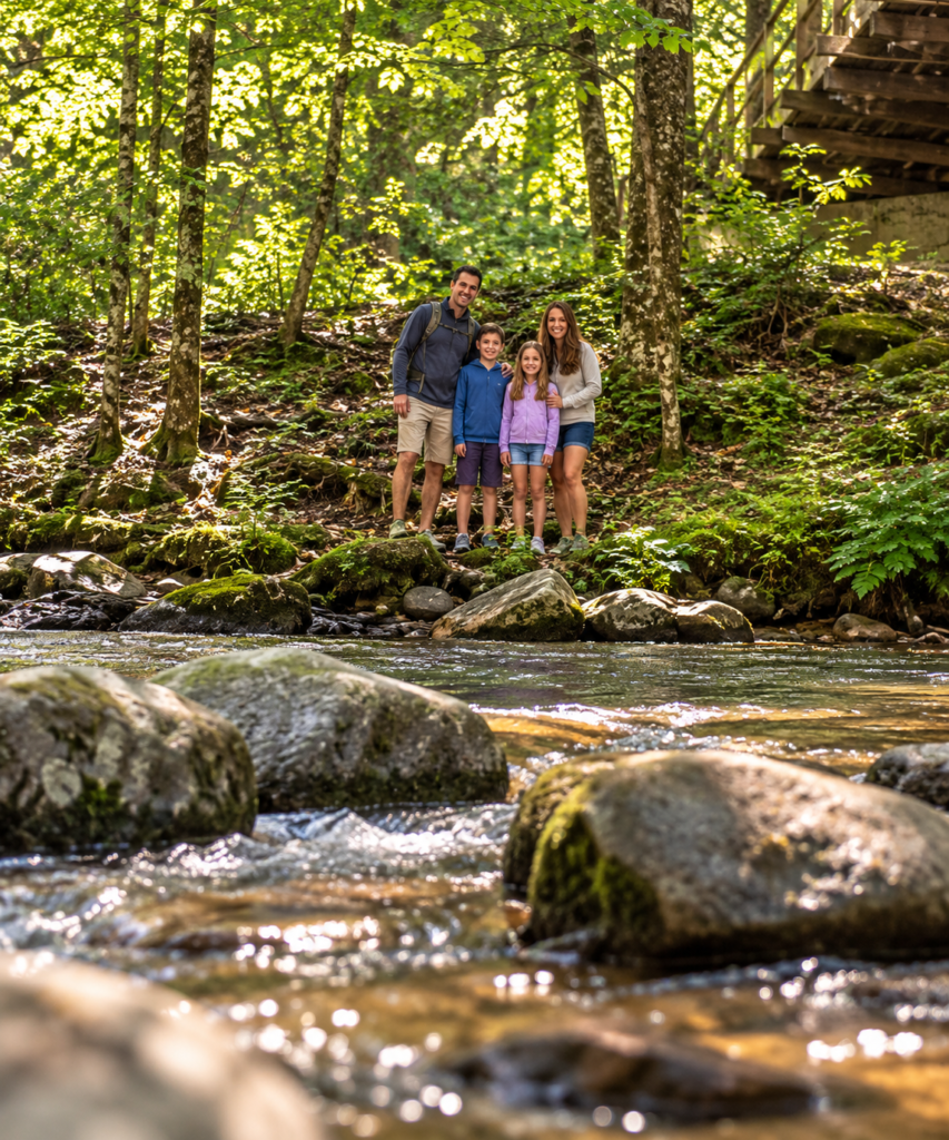 Family of four posing beside a rocky forest creek near a wooden footbridge in the Smoky Mountains
