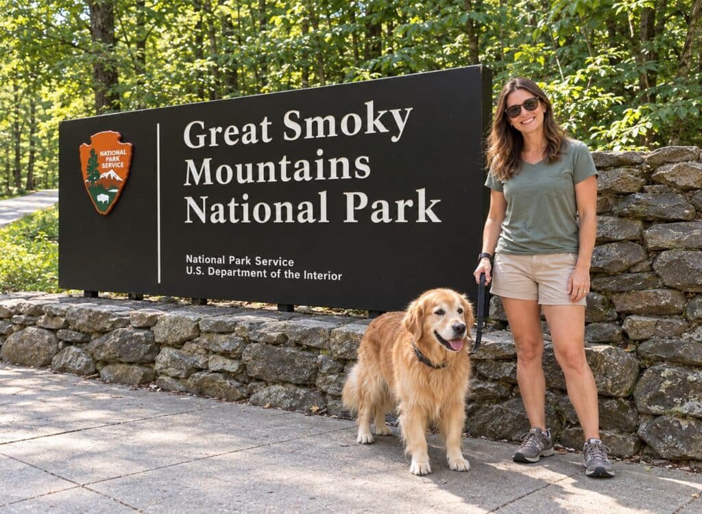 Woman holding a golden retriever’s leash beside the Great Smoky Mountains National Park sign, surrounded by green summer foliage.