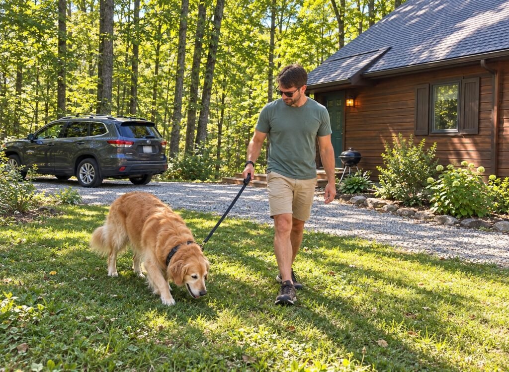 Man walking a leashed golden retriever on grass beside a dark wood cabin, with an SUV parked on the gravel driveway.