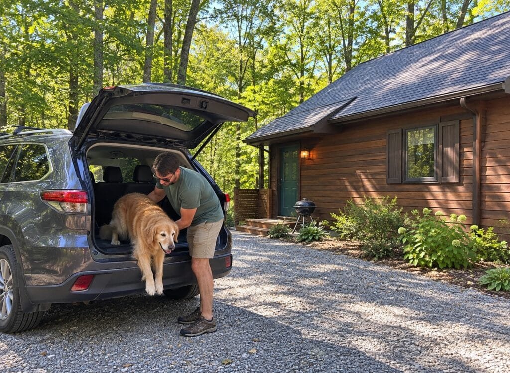 Man helping a golden retriever out of an SUV’s open rear hatch beside a dark wood cabin surrounded by trees.