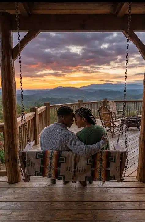 Couple embracing on a wooden porch swing overlooking layered mountains at sunset